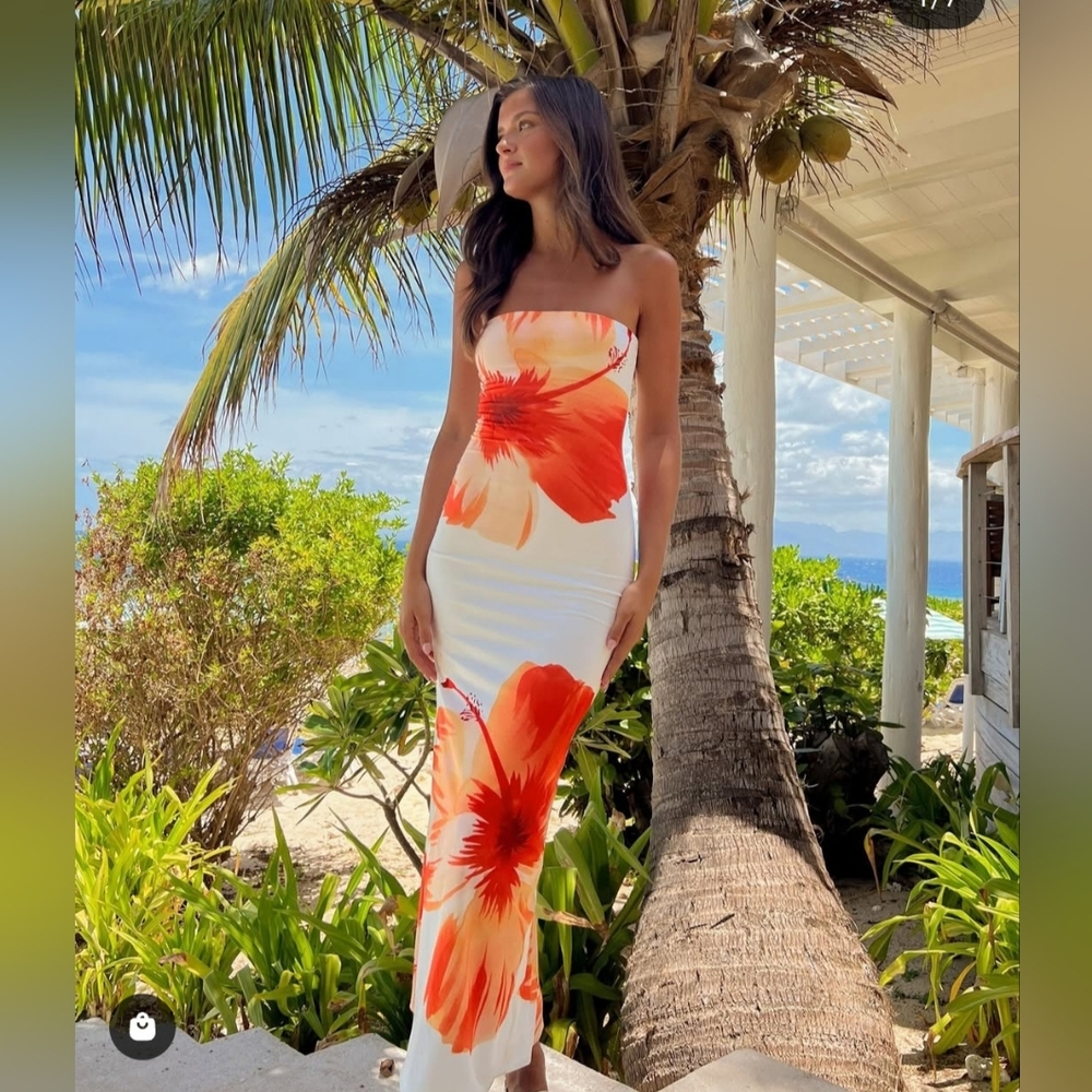 Floral Strapless Maxi Dress - Orange and White
